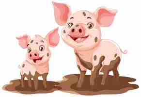 Free vector happy piglet and parent in mud