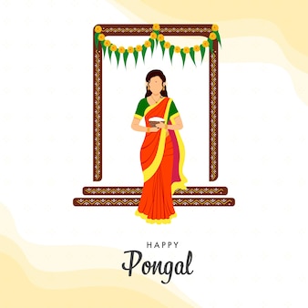 Happy pongal concept with south indian woman holding bowl of traditional dish (rice) at door view on white background.