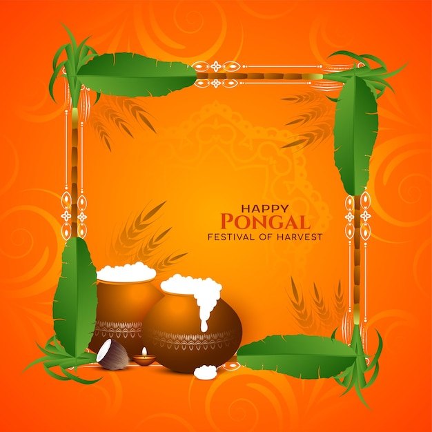 Free vector happy pongal festival card with banana leaves and sugarcane vector