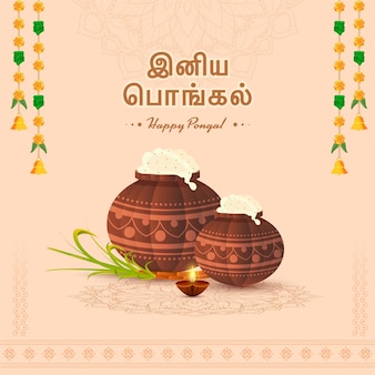 Happy pongal font in tamil language with mud pots full of traditional dish, sugarcane, lit oil lamps (diya) and floral garland on peach mandala background.