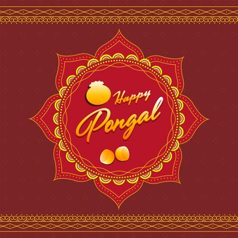 Happy pongal font with mud pot of traditional dish, coconut on red mandala frame background.