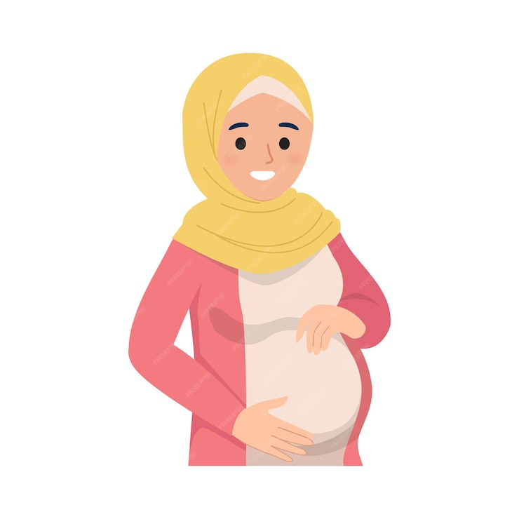  Happy pregnant muslim woman holding her belly Premium Vector