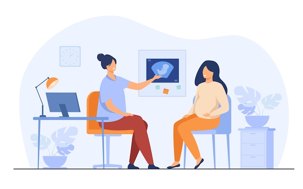 Счастливая беременная женщина в офисе гинекологии изолировала плоскую векторную иллюстрацию. мультфильм пациентка разговаривает с врачом в больнице. концепция медицины и беременности