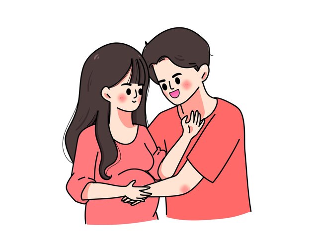 Happy pregnant woman with her husband hand drawn cartoon art illustration