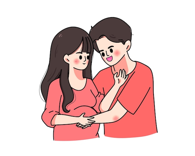 Happy pregnant woman with her husband hand drawn cartoon art illustration