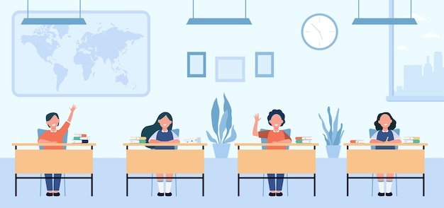 Happy pupils studying in classroom isolated flat illustration. cartoon children characters sitting at tables in school lesson.