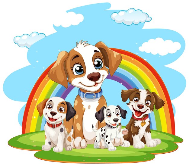 Happy Puppies Under Rainbow Illustration