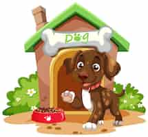 Free vector happy puppy outside its doghouse