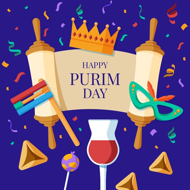Happy purim day golden crown and confetti