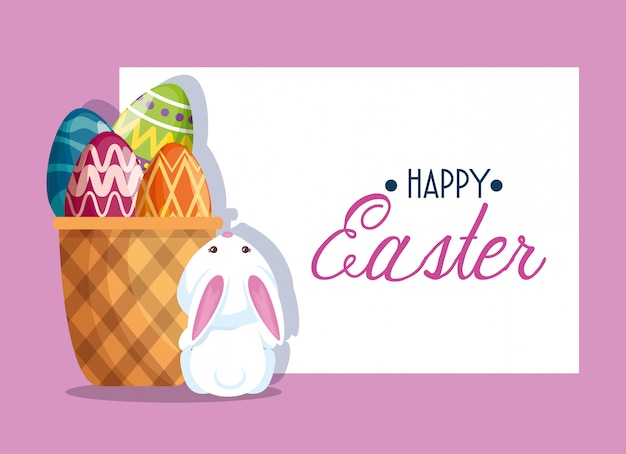 Happy rabbit and easter egg decoration inside basket