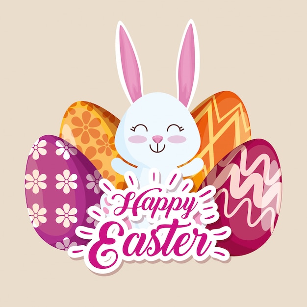 Happy rabbit and easter eggs with figures decoration