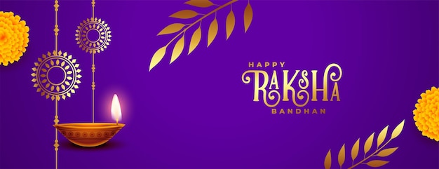 Happy raksha bandhan festival banner with realistic diya design and golden leaves