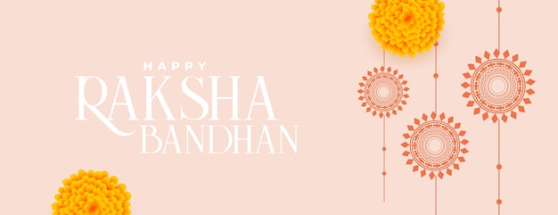 Happy raksha bandhan traditional banner with flat rakhi and marigold flower