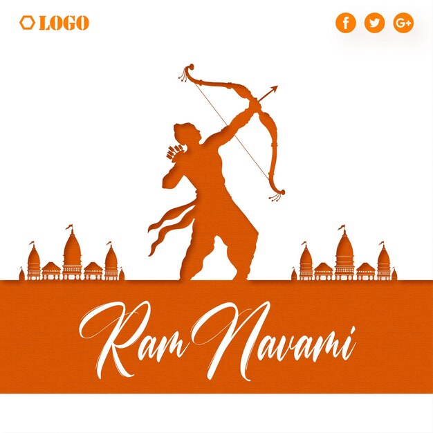 해피 램 Navami 인사말 오렌지 흰색 배경 인도 힌두교 축제 소셜 미디어 배너 무료 벡터