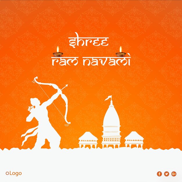 해피 램 Navami 인사말 오렌지 흰색 배경 인도 힌두교 축제 소셜 미디어 배너 무료 벡터