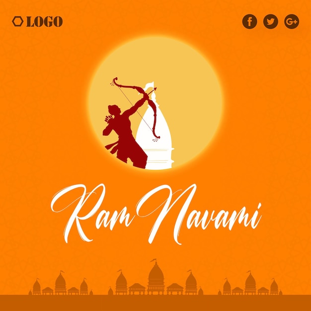 Felice ram navami saluti sfondo arancione rosso festival dell'induismo indiano social media banner vettore gratuito