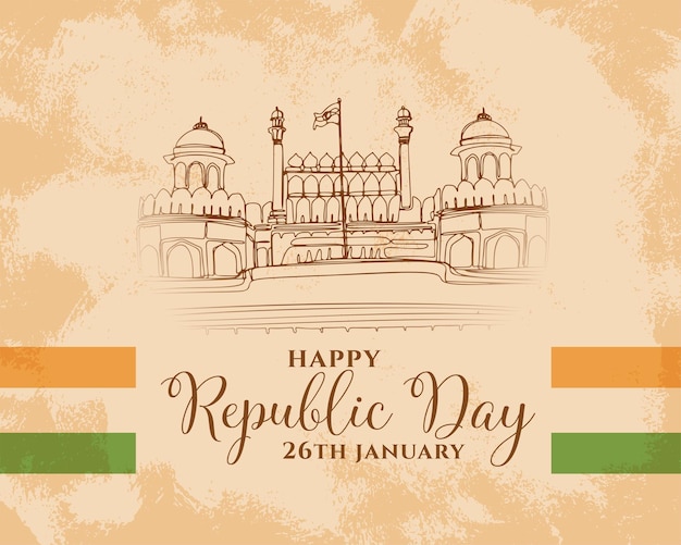 Free vector happy republic day vintage background with red fort sketch