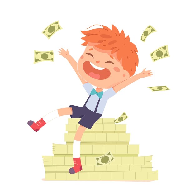 Happy rich kid sitting on top of cash dollars pile cute boy banker reaching prosperity and financial success little boss with flying paper banknotes isolated on white