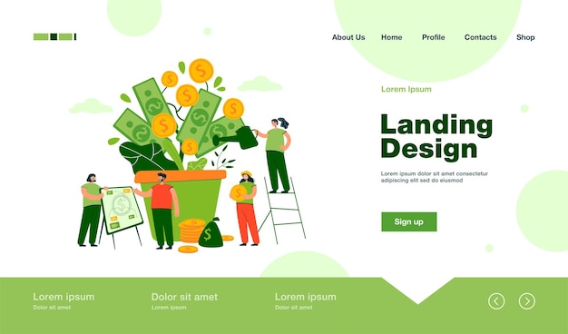 Happy rich people growing financial plant, watering money tree at pile of cash, analyzing wealth and prosperity landing page in flat style