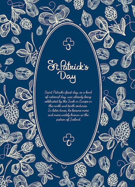 Free vector happy saint patricks day blue poster with text in oval frame and natural sketch irish clover