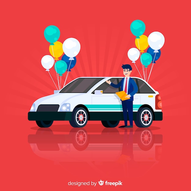 Happy salesman character with car and balloons