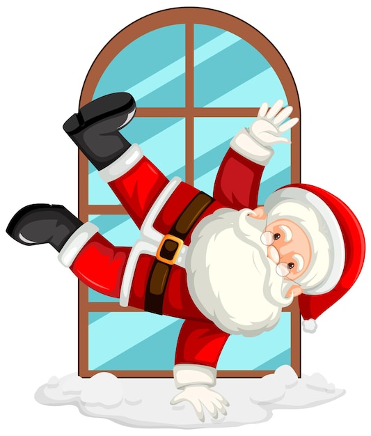 Happy santa doing one hand stand by the window