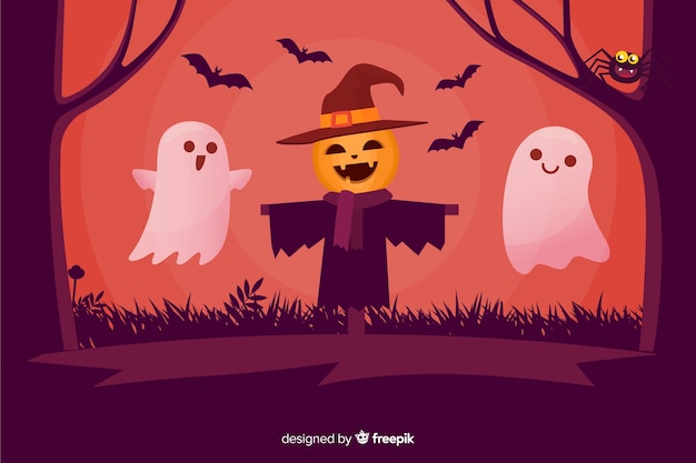 Happy scarecrow and ghosts halloween background