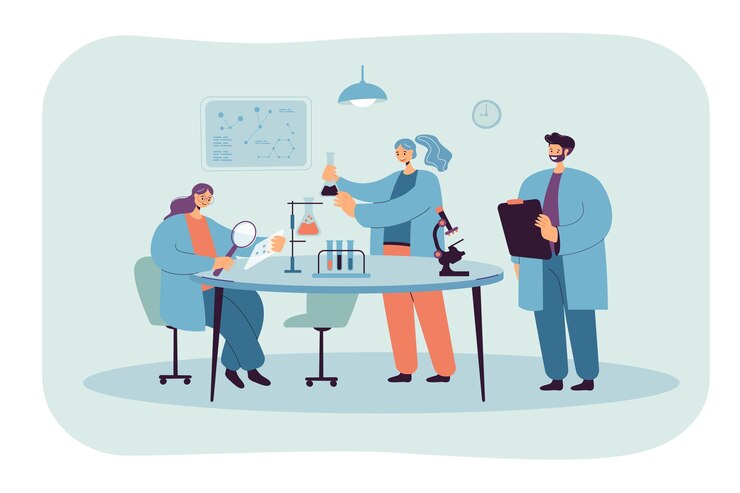 Free Vector happy scientist making research in laboratory isolated flat illustration.
