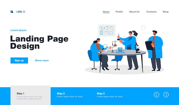 自由矢量快乐的科学家使研究在实验室登陆页在平面风格