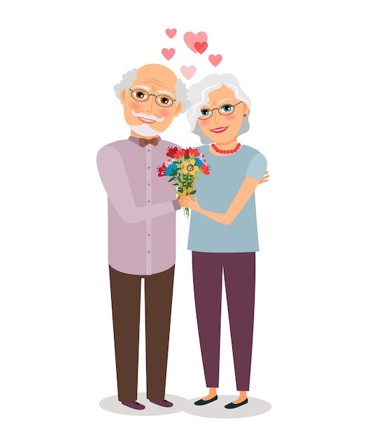 Счастливая пара старших. Люди жена и муж, дедушка и бабушка пожилые. Векторная иллюстрация