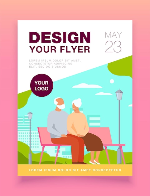 Free vector happy senior couple sitting on bench in park flyer template