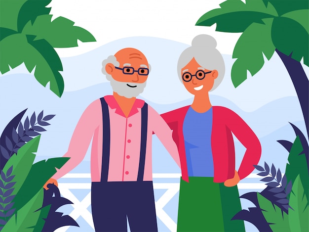 Free vector happy senior couple standing together and hugging