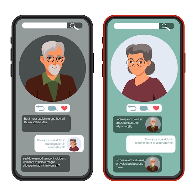 Happy senior man and woman chatting in social network conversation with text messages emoji via internet