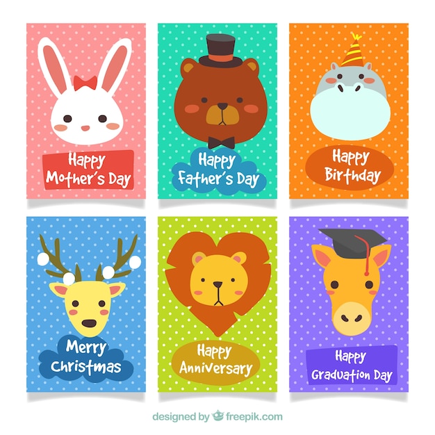 Happy set of colorful animal cards