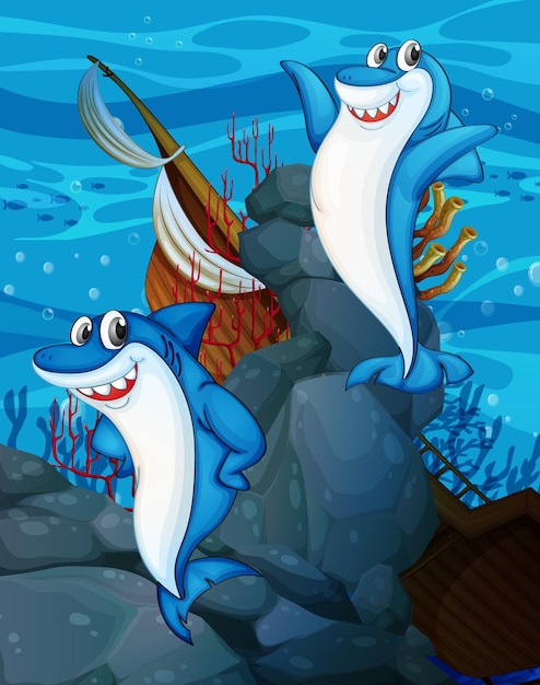 Счастливый мультяшный персонаж акулы в подводной сцене с множеством экзотических рыб