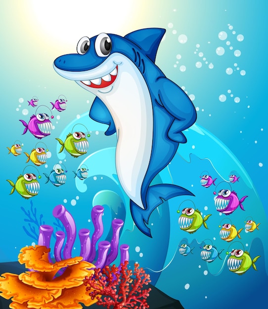 Free vector happy shark cartoon character in the underwater scene with many exotic fishes