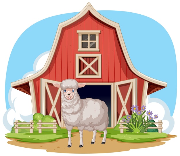 Free vector happy sheep at the red barn