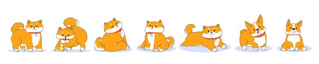 さまざまなポーズで幸せな柴犬の犬の漫画のキャラクターかわいい面白いペットの肖像画赤毛の日本の犬のスタンド横になっているボールと遊ぶDogecoinシンボル線画フラットベクトルイラスト