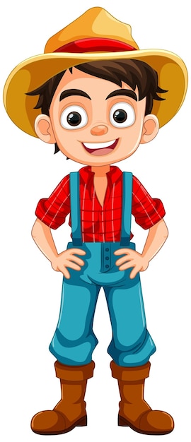 Happy Smiley Boy in Farmer Overalls Cartoon Character