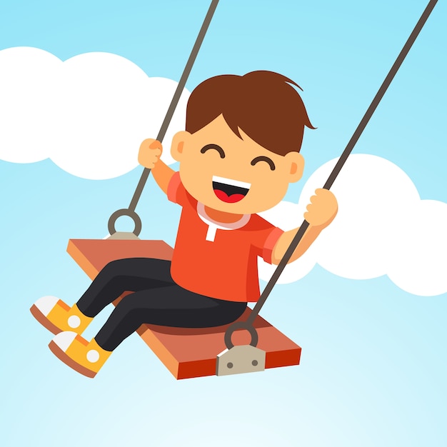 Happy smiling boy kid swinging on a swing