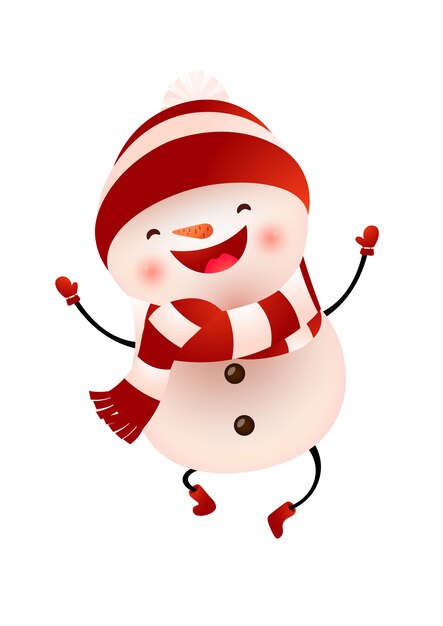 Happy snowman in cap and scarf jumping illustration