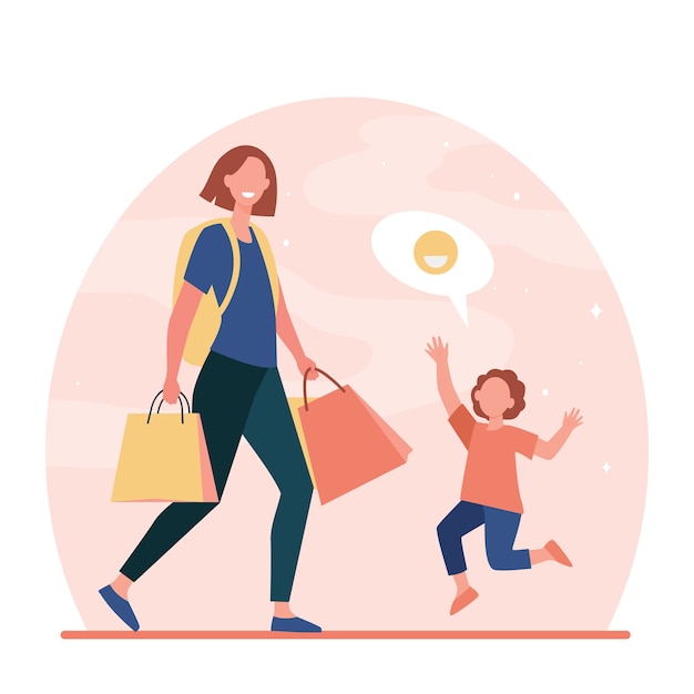Free vector happy son meeting mom from trip. woman with backpack, shopping bags returning home flat vector illustration. family, parenthood