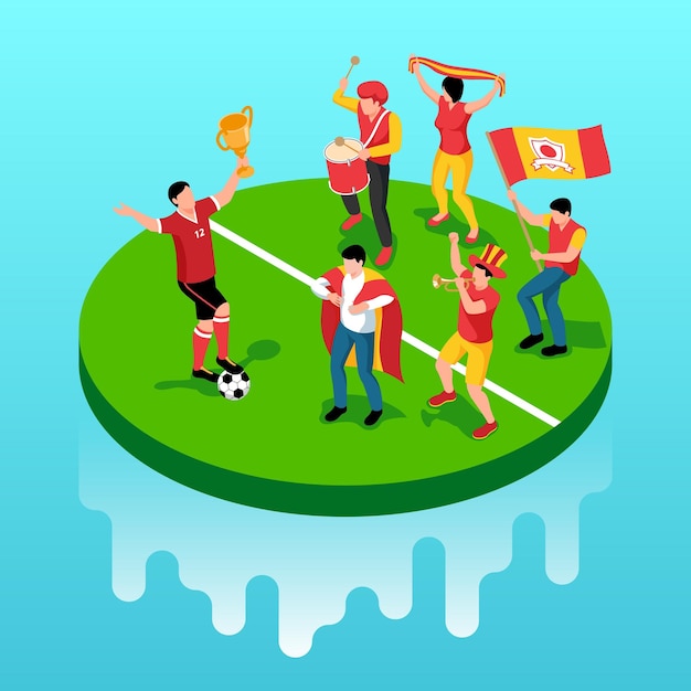 Бесплатное векторное изображение Счастливые спортсмены в красно-желтом наряде празднуют победу футбольной команды изометрическая композиция изолированная векторная иллюстрация