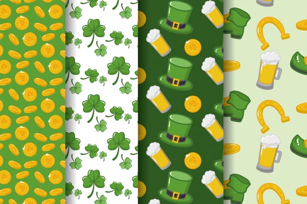 Happy st patricks day, clover, beer, hat and coins pattern