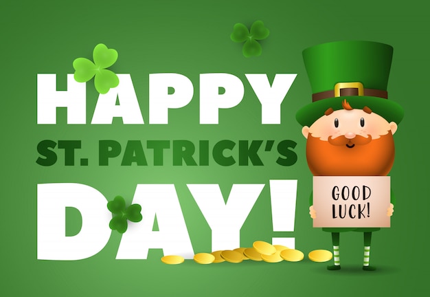 Vettore gratuito happy st patricks day lettering, good luck, leprechaun e oro