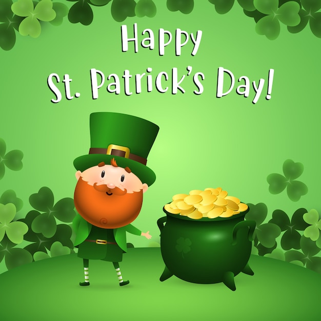 Happy st patricks day lettering con leprechaun e vaso d'oro