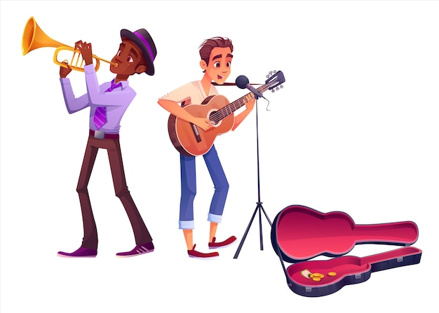 Free vector happy street musician people character with guitar and saxophone isolated illustration music instrument and black man performer in orchestra band guitarist person playing live concert for money