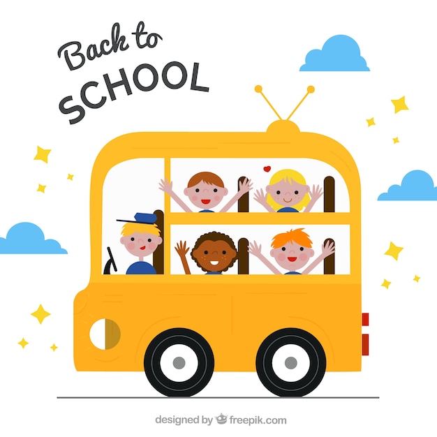Бесплатное векторное изображение Счастливые ученики и водитель в школьном автобусе