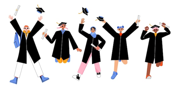 Gli studenti felici saltano e vomitano i cappelli di laurea