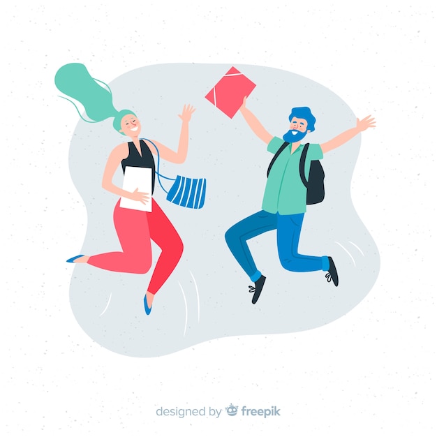 Free vector happy students jumping with flat design